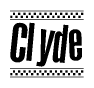The image contains the text Clyde in a bold, stylized font, with a checkered flag pattern bordering the top and bottom of the text.
