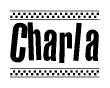 The image contains the text Charla in a bold, stylized font, with a checkered flag pattern bordering the top and bottom of the text.