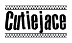 The image is a black and white clipart of the text Cutiejace in a bold, italicized font. The text is bordered by a dotted line on the top and bottom, and there are checkered flags positioned at both ends of the text, usually associated with racing or finishing lines.
