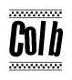 The image is a black and white clipart of the text Colb in a bold, italicized font. The text is bordered by a dotted line on the top and bottom, and there are checkered flags positioned at both ends of the text, usually associated with racing or finishing lines.