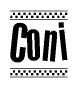 The clipart image displays the text Coni in a bold, stylized font. It is enclosed in a rectangular border with a checkerboard pattern running below and above the text, similar to a finish line in racing. 