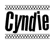 The clipart image displays the text Cyndie in a bold, stylized font. It is enclosed in a rectangular border with a checkerboard pattern running below and above the text, similar to a finish line in racing. 