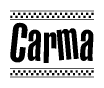 The image contains the text Carma in a bold, stylized font, with a checkered flag pattern bordering the top and bottom of the text.