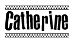 The clipart image displays the text Catherine in a bold, stylized font. It is enclosed in a rectangular border with a checkerboard pattern running below and above the text, similar to a finish line in racing. 
