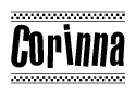 The image contains the text Corinna in a bold, stylized font, with a checkered flag pattern bordering the top and bottom of the text.