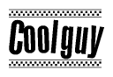 The image is a black and white clipart of the text Coolguy in a bold, italicized font. The text is bordered by a dotted line on the top and bottom, and there are checkered flags positioned at both ends of the text, usually associated with racing or finishing lines.