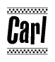The image is a black and white clipart of the text Carl in a bold, italicized font. The text is bordered by a dotted line on the top and bottom, and there are checkered flags positioned at both ends of the text, usually associated with racing or finishing lines.