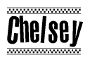 The image contains the text Chelsey in a bold, stylized font, with a checkered flag pattern bordering the top and bottom of the text.