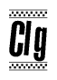 The image is a black and white clipart of the text Clg in a bold, italicized font. The text is bordered by a dotted line on the top and bottom, and there are checkered flags positioned at both ends of the text, usually associated with racing or finishing lines.