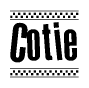 The clipart image displays the text Cotie in a bold, stylized font. It is enclosed in a rectangular border with a checkerboard pattern running below and above the text, similar to a finish line in racing. 