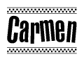 The image contains the text Carmen in a bold, stylized font, with a checkered flag pattern bordering the top and bottom of the text.