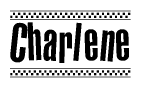 The image contains the text Charlene in a bold, stylized font, with a checkered flag pattern bordering the top and bottom of the text.