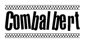 The image is a black and white clipart of the text Combalbert in a bold, italicized font. The text is bordered by a dotted line on the top and bottom, and there are checkered flags positioned at both ends of the text, usually associated with racing or finishing lines.