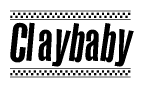 The image is a black and white clipart of the text Claybaby in a bold, italicized font. The text is bordered by a dotted line on the top and bottom, and there are checkered flags positioned at both ends of the text, usually associated with racing or finishing lines.