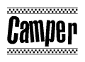 The clipart image displays the text Camper in a bold, stylized font. It is enclosed in a rectangular border with a checkerboard pattern running below and above the text, similar to a finish line in racing. 