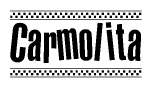 The image contains the text Carmolita in a bold, stylized font, with a checkered flag pattern bordering the top and bottom of the text.