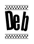 The image is a black and white clipart of the text Deb in a bold, italicized font. The text is bordered by a dotted line on the top and bottom, and there are checkered flags positioned at both ends of the text, usually associated with racing or finishing lines.