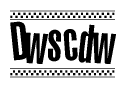 The image is a black and white clipart of the text Dwscdw in a bold, italicized font. The text is bordered by a dotted line on the top and bottom, and there are checkered flags positioned at both ends of the text, usually associated with racing or finishing lines.