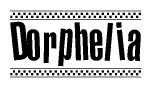 The clipart image displays the text Dorphelia in a bold, stylized font. It is enclosed in a rectangular border with a checkerboard pattern running below and above the text, similar to a finish line in racing. 