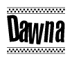 The image contains the text Dawna in a bold, stylized font, with a checkered flag pattern bordering the top and bottom of the text.