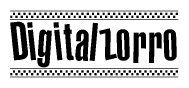 The image is a black and white clipart of the text Digitalzorro in a bold, italicized font. The text is bordered by a dotted line on the top and bottom, and there are checkered flags positioned at both ends of the text, usually associated with racing or finishing lines.