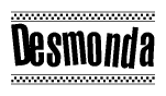 The clipart image displays the text Desmonda in a bold, stylized font. It is enclosed in a rectangular border with a checkerboard pattern running below and above the text, similar to a finish line in racing. 