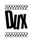 The clipart image displays the text Dux in a bold, stylized font. It is enclosed in a rectangular border with a checkerboard pattern running below and above the text, similar to a finish line in racing. 