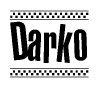 The clipart image displays the text Darko in a bold, stylized font. It is enclosed in a rectangular border with a checkerboard pattern running below and above the text, similar to a finish line in racing. 
