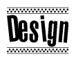 The image is a black and white clipart of the text Design in a bold, italicized font. The text is bordered by a dotted line on the top and bottom, and there are checkered flags positioned at both ends of the text, usually associated with racing or finishing lines.