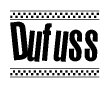 The clipart image displays the text Dufuss in a bold, stylized font. It is enclosed in a rectangular border with a checkerboard pattern running below and above the text, similar to a finish line in racing. 