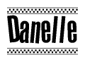 The image is a black and white clipart of the text Danelle in a bold, italicized font. The text is bordered by a dotted line on the top and bottom, and there are checkered flags positioned at both ends of the text, usually associated with racing or finishing lines.