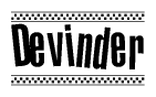 The image contains the text Devinder in a bold, stylized font, with a checkered flag pattern bordering the top and bottom of the text.