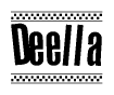 The image is a black and white clipart of the text Deella in a bold, italicized font. The text is bordered by a dotted line on the top and bottom, and there are checkered flags positioned at both ends of the text, usually associated with racing or finishing lines.