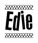 The image is a black and white clipart of the text Edie in a bold, italicized font. The text is bordered by a dotted line on the top and bottom, and there are checkered flags positioned at both ends of the text, usually associated with racing or finishing lines.