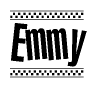 The clipart image displays the text Emmy in a bold, stylized font. It is enclosed in a rectangular border with a checkerboard pattern running below and above the text, similar to a finish line in racing. 