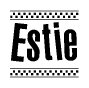 The image is a black and white clipart of the text Estie in a bold, italicized font. The text is bordered by a dotted line on the top and bottom, and there are checkered flags positioned at both ends of the text, usually associated with racing or finishing lines.