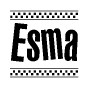 The image is a black and white clipart of the text Esma in a bold, italicized font. The text is bordered by a dotted line on the top and bottom, and there are checkered flags positioned at both ends of the text, usually associated with racing or finishing lines.