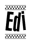The image is a black and white clipart of the text Edi in a bold, italicized font. The text is bordered by a dotted line on the top and bottom, and there are checkered flags positioned at both ends of the text, usually associated with racing or finishing lines.