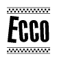The image is a black and white clipart of the text Ecco in a bold, italicized font. The text is bordered by a dotted line on the top and bottom, and there are checkered flags positioned at both ends of the text, usually associated with racing or finishing lines.