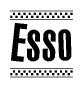 The image is a black and white clipart of the text Esso in a bold, italicized font. The text is bordered by a dotted line on the top and bottom, and there are checkered flags positioned at both ends of the text, usually associated with racing or finishing lines.
