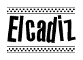 The image contains the text Elcadiz in a bold, stylized font, with a checkered flag pattern bordering the top and bottom of the text.