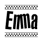 The image is a black and white clipart of the text Enma in a bold, italicized font. The text is bordered by a dotted line on the top and bottom, and there are checkered flags positioned at both ends of the text, usually associated with racing or finishing lines.