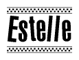 The image contains the text Estelle in a bold, stylized font, with a checkered flag pattern bordering the top and bottom of the text.