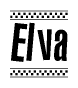 The image is a black and white clipart of the text Elva in a bold, italicized font. The text is bordered by a dotted line on the top and bottom, and there are checkered flags positioned at both ends of the text, usually associated with racing or finishing lines.