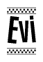 The image is a black and white clipart of the text Evi in a bold, italicized font. The text is bordered by a dotted line on the top and bottom, and there are checkered flags positioned at both ends of the text, usually associated with racing or finishing lines.