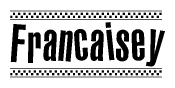 The image is a black and white clipart of the text Francaisey in a bold, italicized font. The text is bordered by a dotted line on the top and bottom, and there are checkered flags positioned at both ends of the text, usually associated with racing or finishing lines.