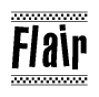 The image is a black and white clipart of the text Flair in a bold, italicized font. The text is bordered by a dotted line on the top and bottom, and there are checkered flags positioned at both ends of the text, usually associated with racing or finishing lines.