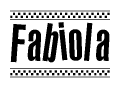 The image contains the text Fabiola in a bold, stylized font, with a checkered flag pattern bordering the top and bottom of the text.