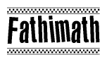 The image is a black and white clipart of the text Fathimath in a bold, italicized font. The text is bordered by a dotted line on the top and bottom, and there are checkered flags positioned at both ends of the text, usually associated with racing or finishing lines.