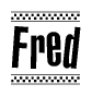 The image contains the text Fred in a bold, stylized font, with a checkered flag pattern bordering the top and bottom of the text.